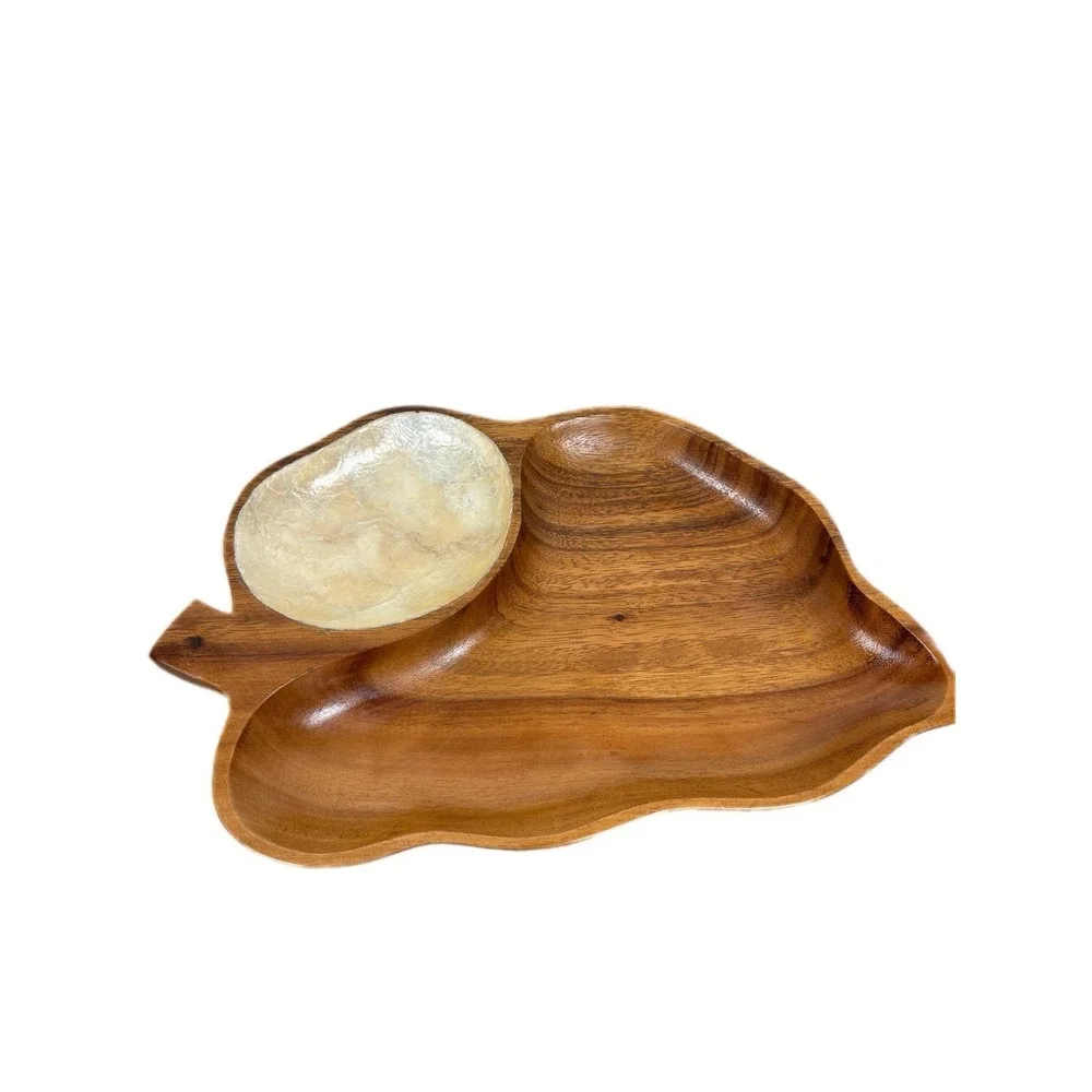 Vintage Napcoware Wood Leaf  Shaped Platter‎ Mother Of Pearl Dipping Bowl MCM